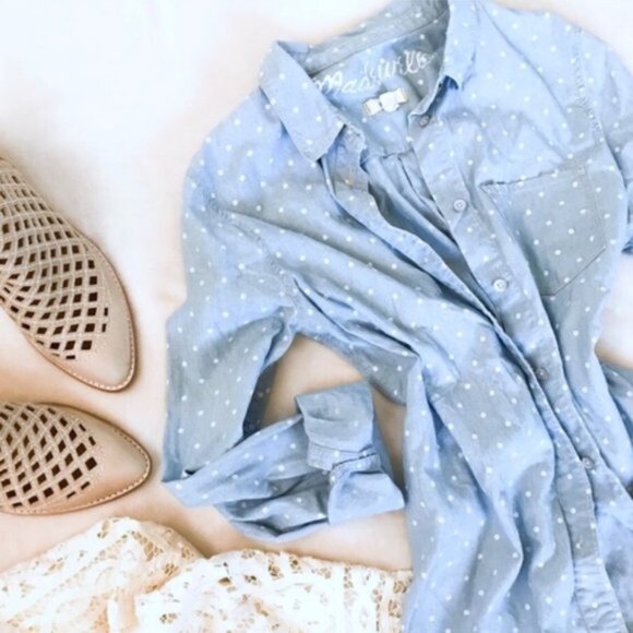 Madewell | Blue & White Polka-dot Chambray Button-Down Blouse | Size Small - Picture 2 of 12